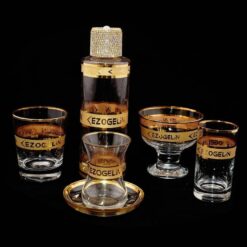 Altın Yaldızlı Logolu Çay, Su ve Nektar Bardağı, Şekerlik, Kolonya Şişesi Seti