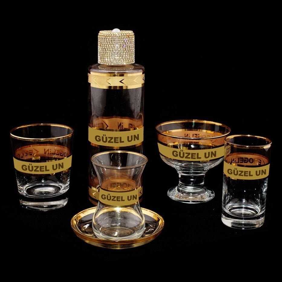 Altın Yaldızlı Logolu Çay, Su ve Kahve Yanı Bardağı, Şekerlik, Kolonya Şişesi