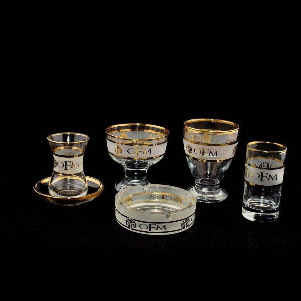 Altın Yaldızlı Logolu Çay, Su ve Nektar Bardağı, Şekerlik, Kül Tablası