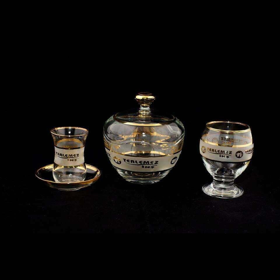 Altın Yaldızlı Logolu Çay, Nektar Su Bardağı, Şekerlik