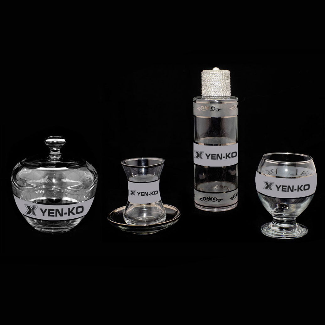 Gümüş Yaldızlı Logolu Kumlama Çay, Nektar Su Bardağı, Şekerlik ve Kolonya Şişesi 1 Gümüş Yaldızlı Logolu Kumlama Çay, Nektar Su Bardağı, Şekerlik ve Kolonya Şişesi