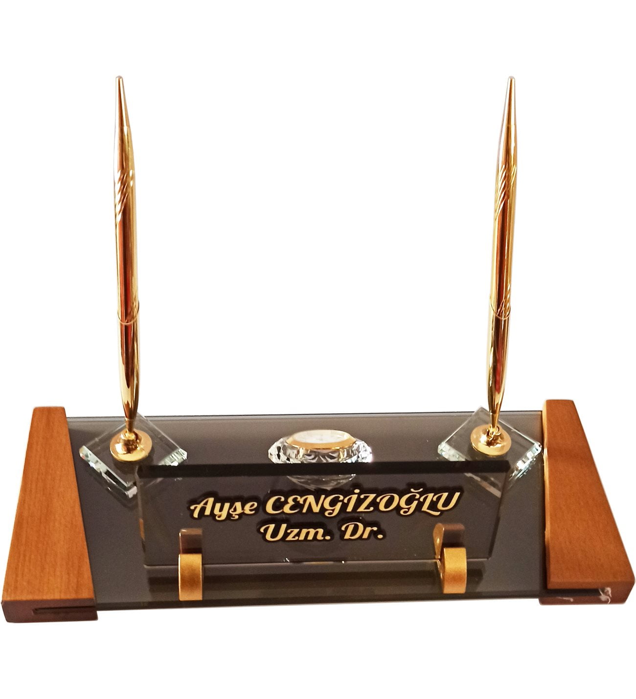 Kristal Masa İsimliği 12X32 cm - Cam ve Ahşabın Muhteşem Uyumu 3 Kristal Masa Isimligi Kalemli Ofis Hediyesi Masa Isimligi 2