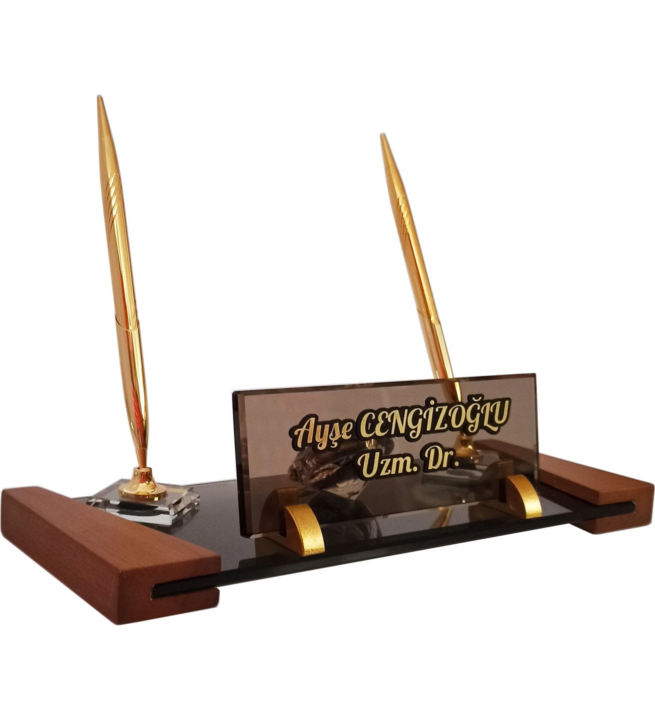 Kristal Masa İsimliği 12X32 cm - Cam ve Ahşabın Muhteşem Uyumu 5 Kristal Masa Isimligi Kalemli Ofis Hediyesi Masa Isimligi 4