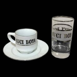 GÜMÜŞ YALDIZLI BASKILI TÜRK KAHVE FİNCANI ve KAHVE YANI SU BARDAĞI