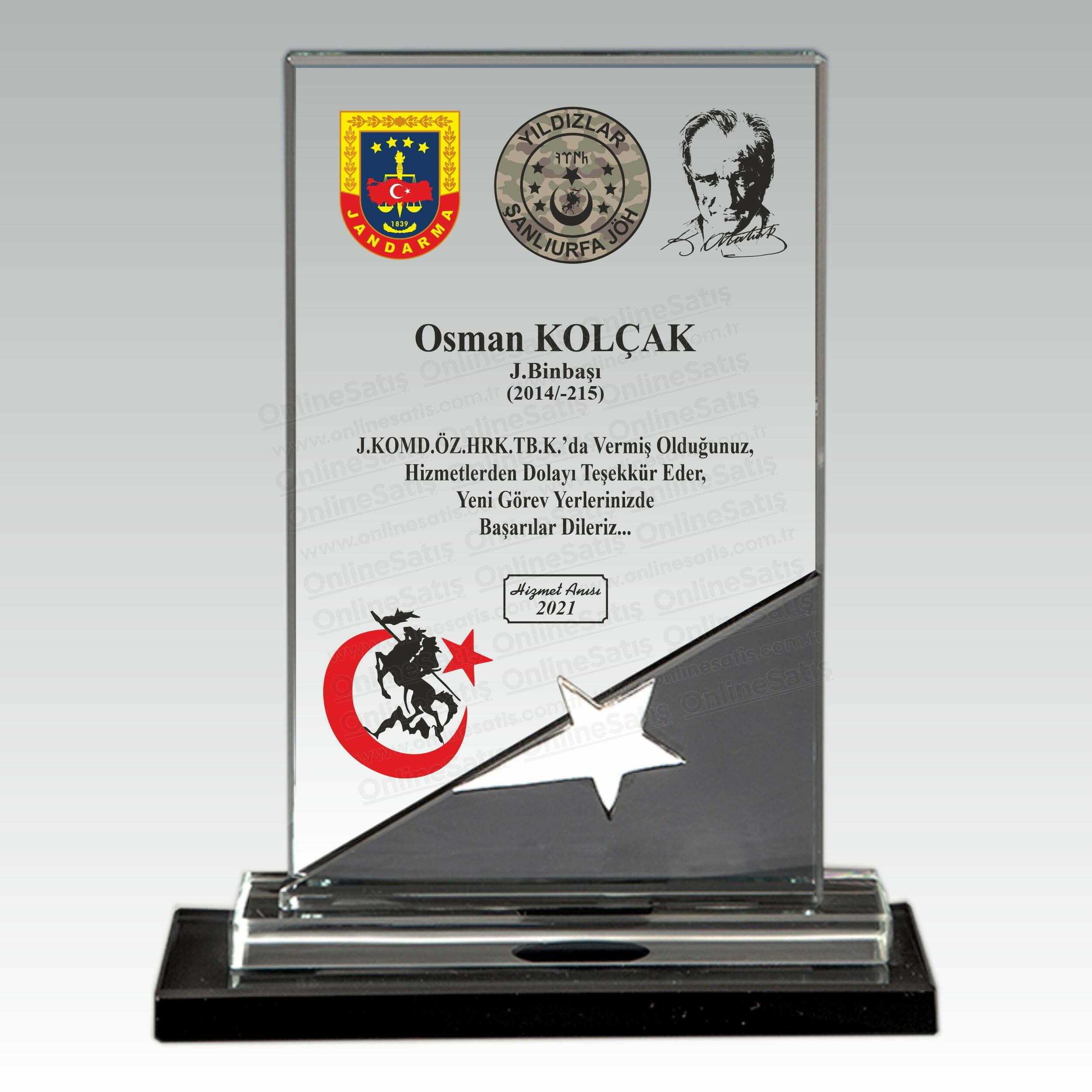 Askeri Hizmet Anısı Yıldızlı Kristal Cam Şilt Plaket - Görsel 3