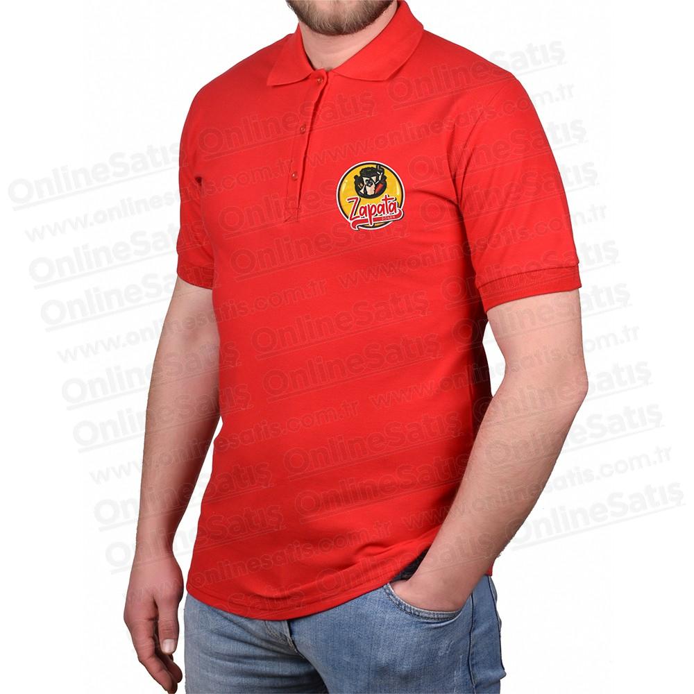 Kırmızı Pamuklu Polo Yaka Tişört - Logo Baskılı Promosyon 1 Kırmızı pamuklu logo baskılı polo yaka promosyon tişört modeli