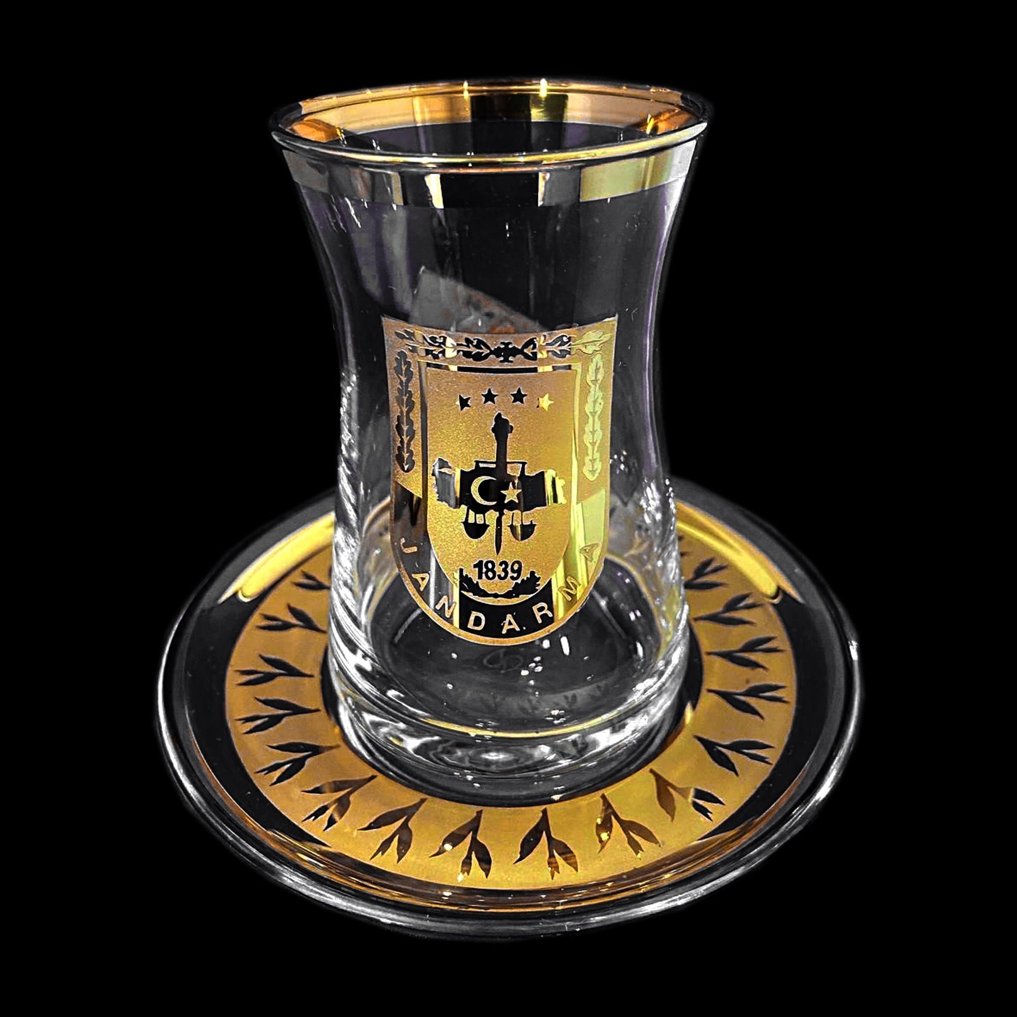 Altın Yaldızlı Kumlamalı Logolu Heybeli Çay Bardağı ve Tabağı