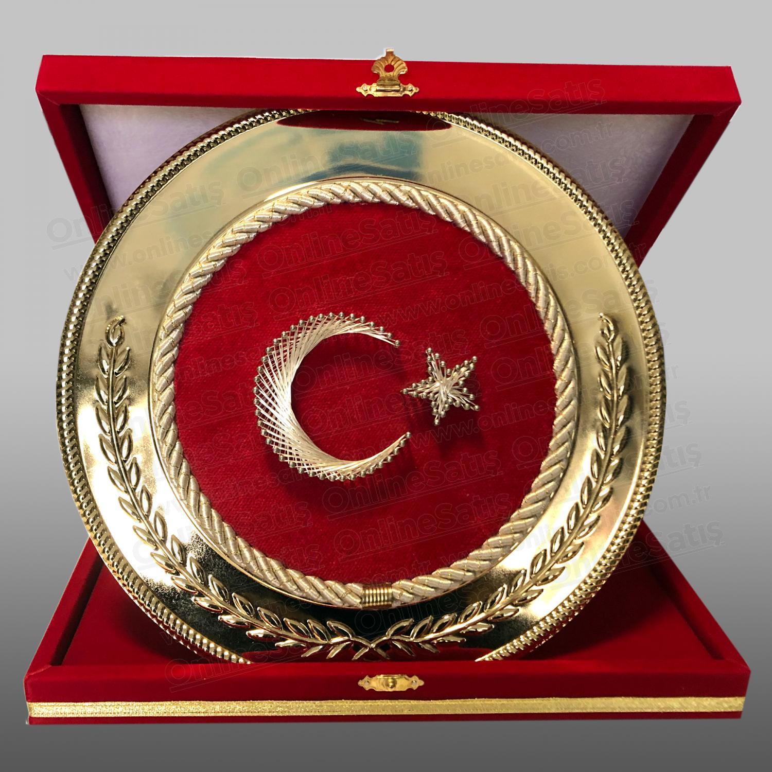 Ay Yıldız Türk Bayrak Filografi Hat Sanatı Gold Tabak Plaket