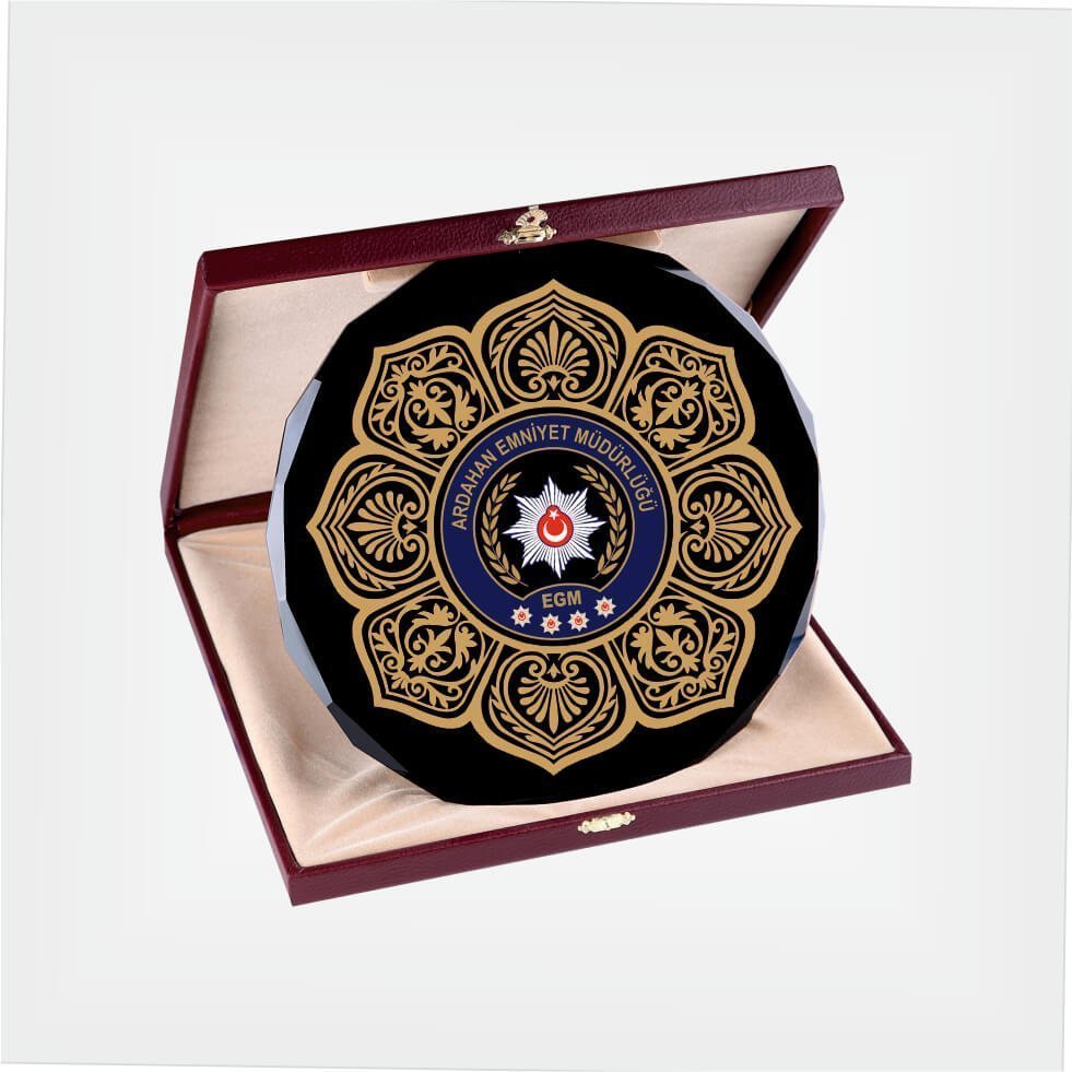 Deri Kutulu Polis Hizmet Anısı Cam Tabak Plaket
