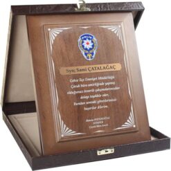 Polis Emniyet Teşkilatı Hizmet Anısı Deri Kutulu Ahşap Plaket