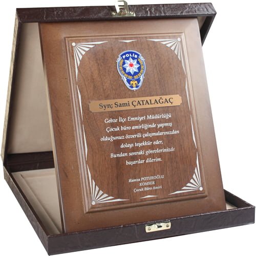 Polis Emniyet Teşkilatı Hizmet Anısı Deri Kutulu Ahşap Plaket