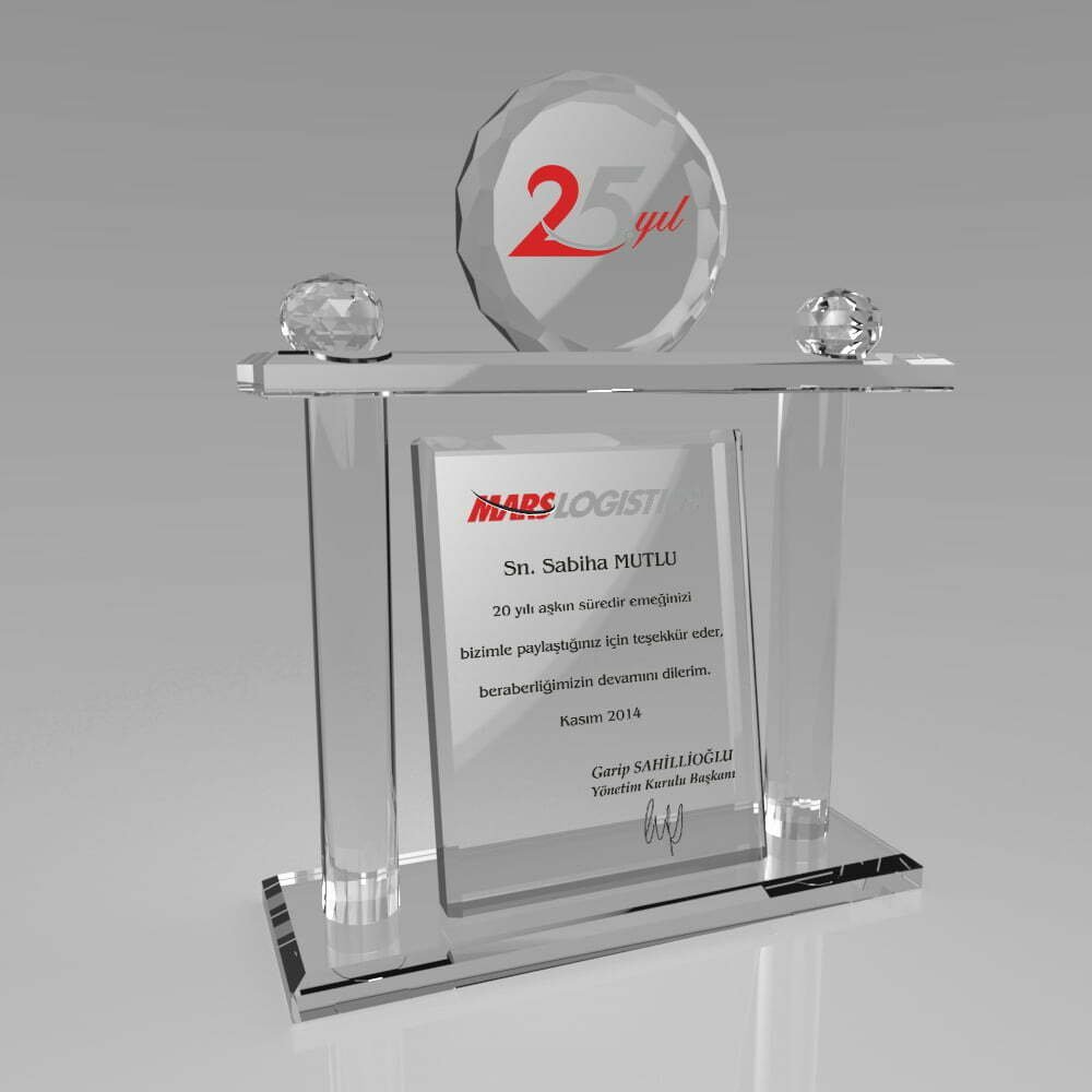 Hizmet Yılı Anısı Sütunlu Şeffaf Kristal Plaket