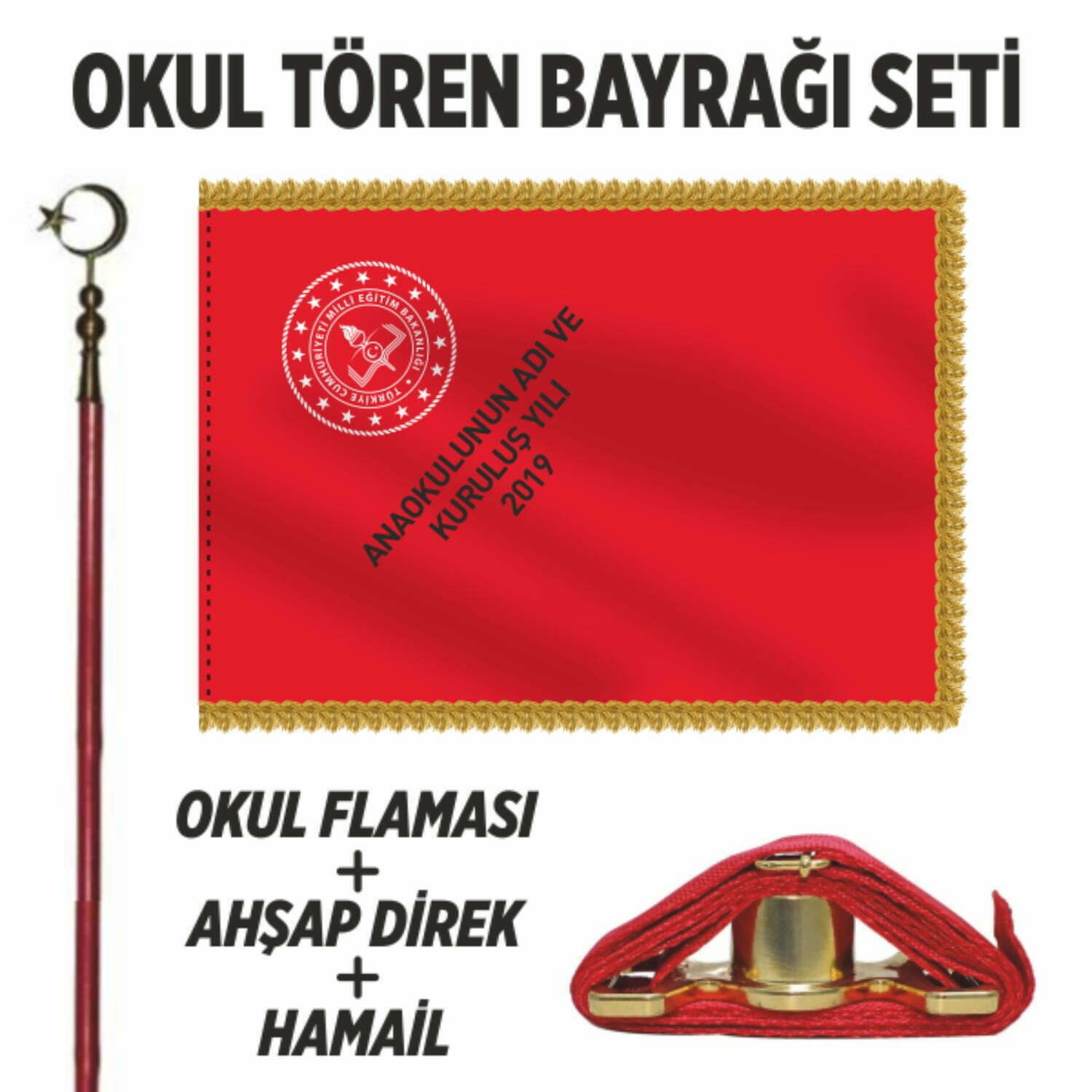 Okul Flaması Tören Anaokul Bayrağı Takım Seti