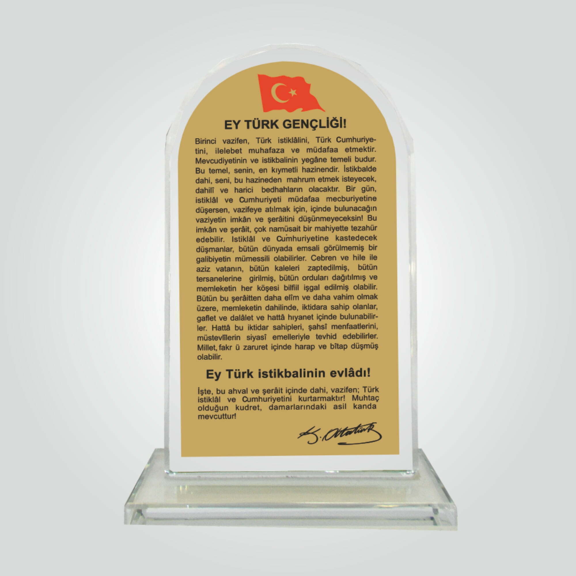 Şeffaf Kristal Cam Gençliğe Hitabe Plaketi 1 Şeffaf Kristal Cam Gençliğe Hitabe Plaketi