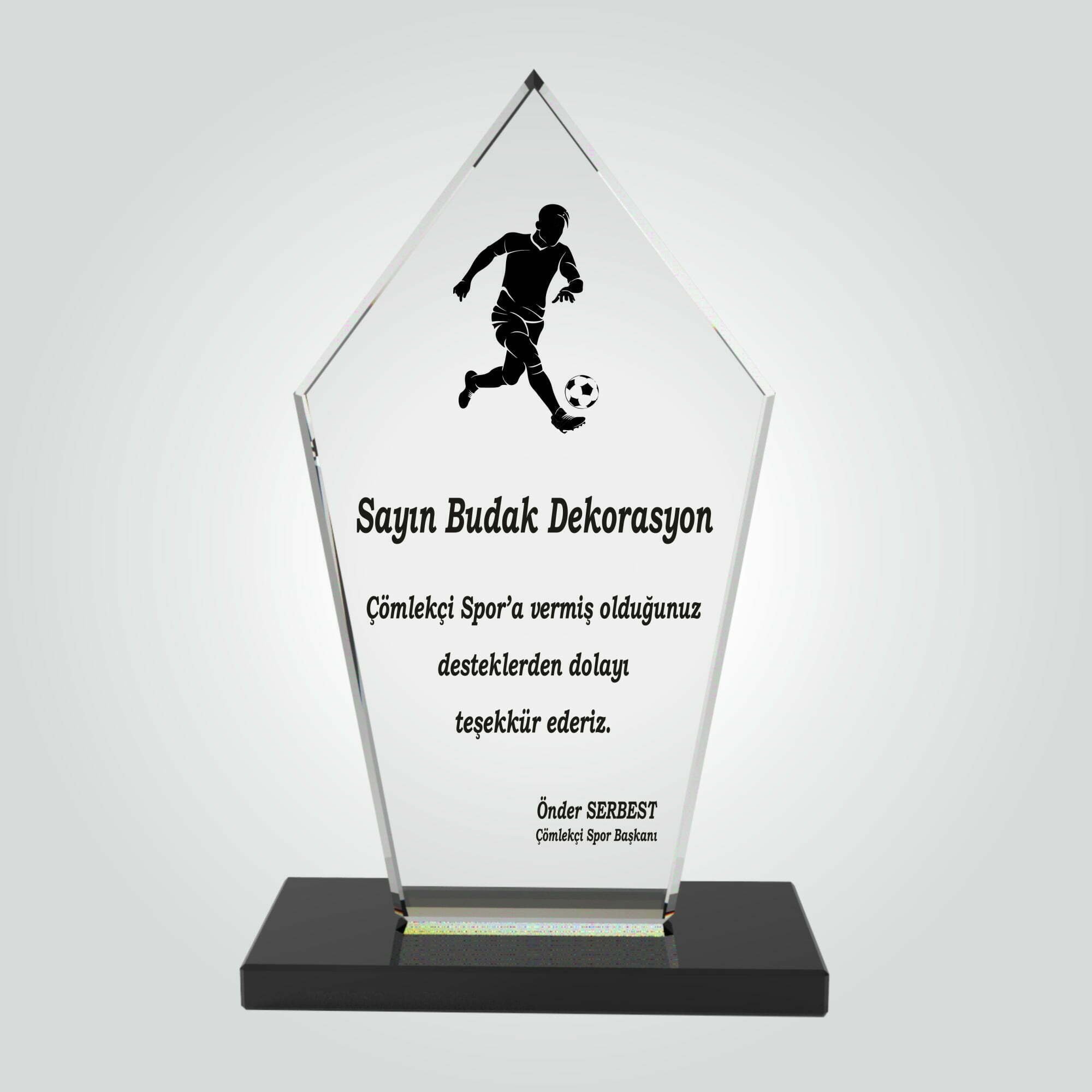 Şeffaf Kristal Cam Spor Kulubü Teşekkür Plaketi