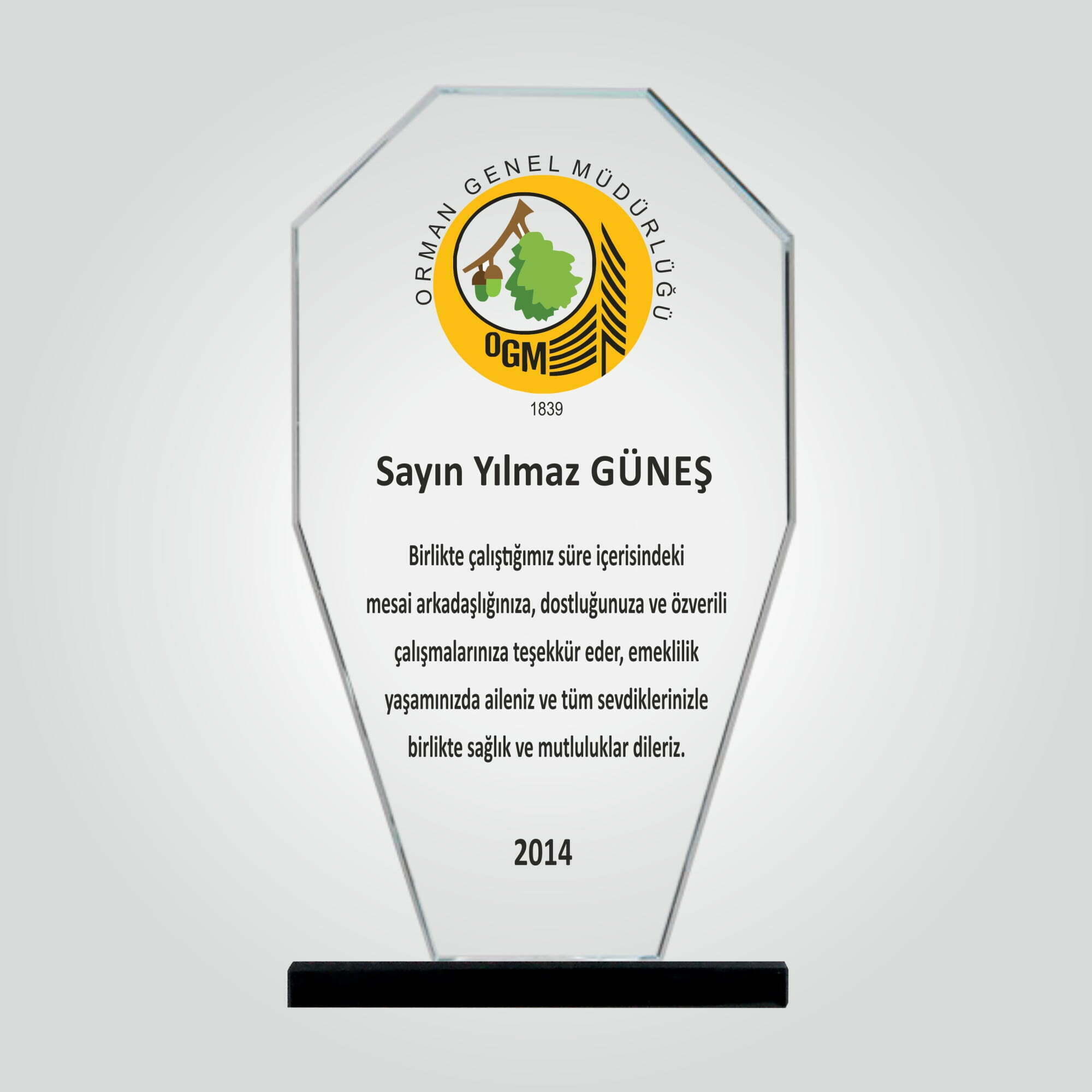 Şeffaf Kristal Cam Kamu Kurum Tayin Plaketi
