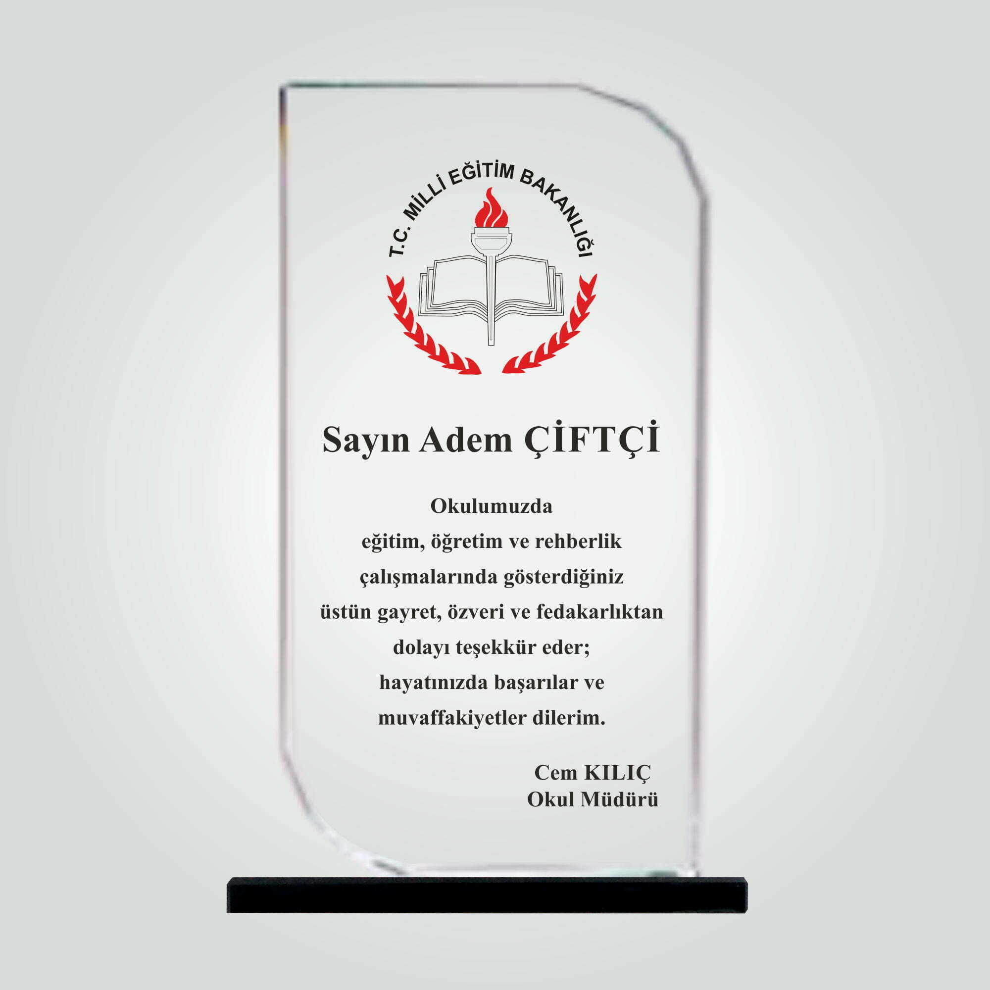 Şeffaf Kristal Cam Öğretmen Plaketi
