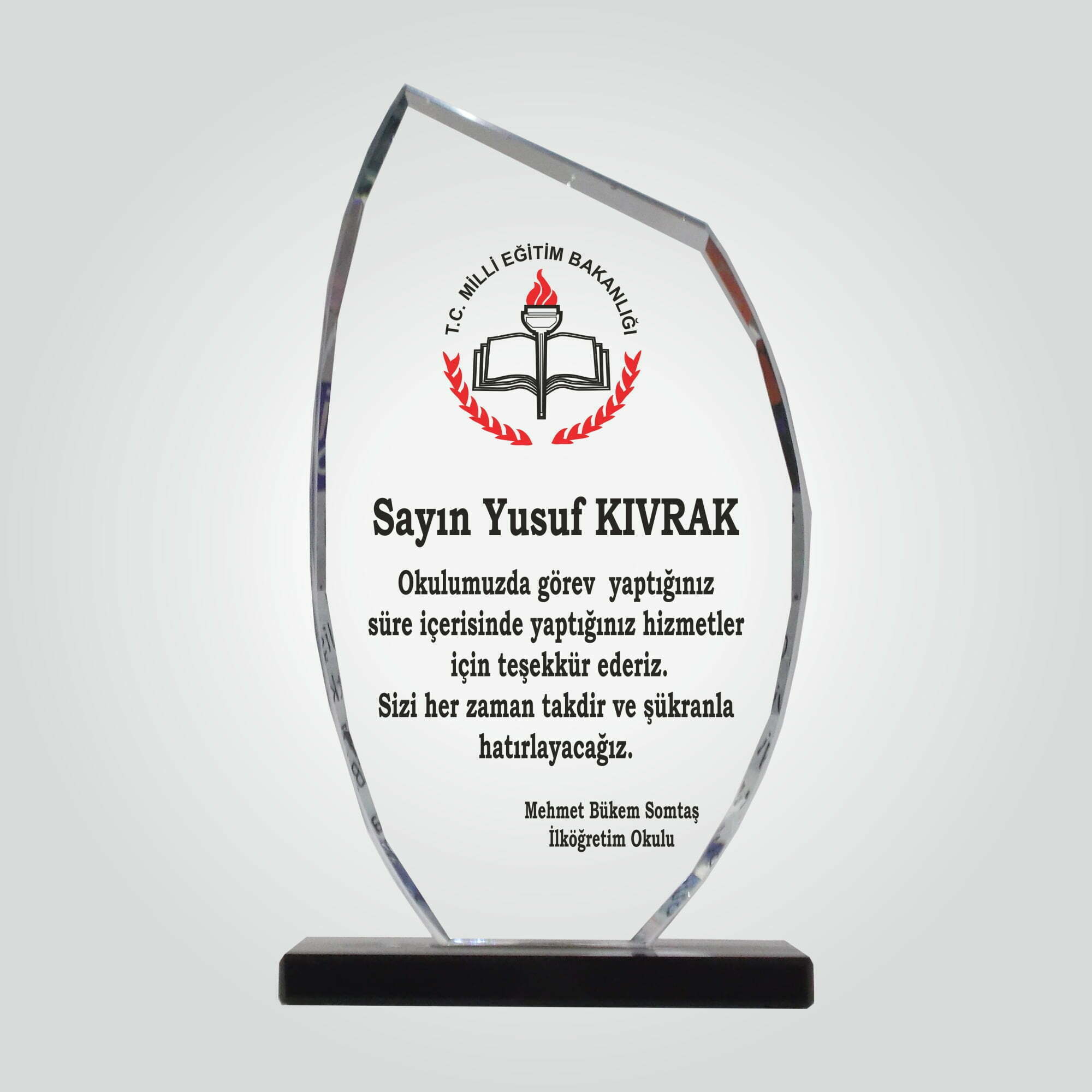 Şeffaf Kristal Cam Öğretmen Tayin Plaketi