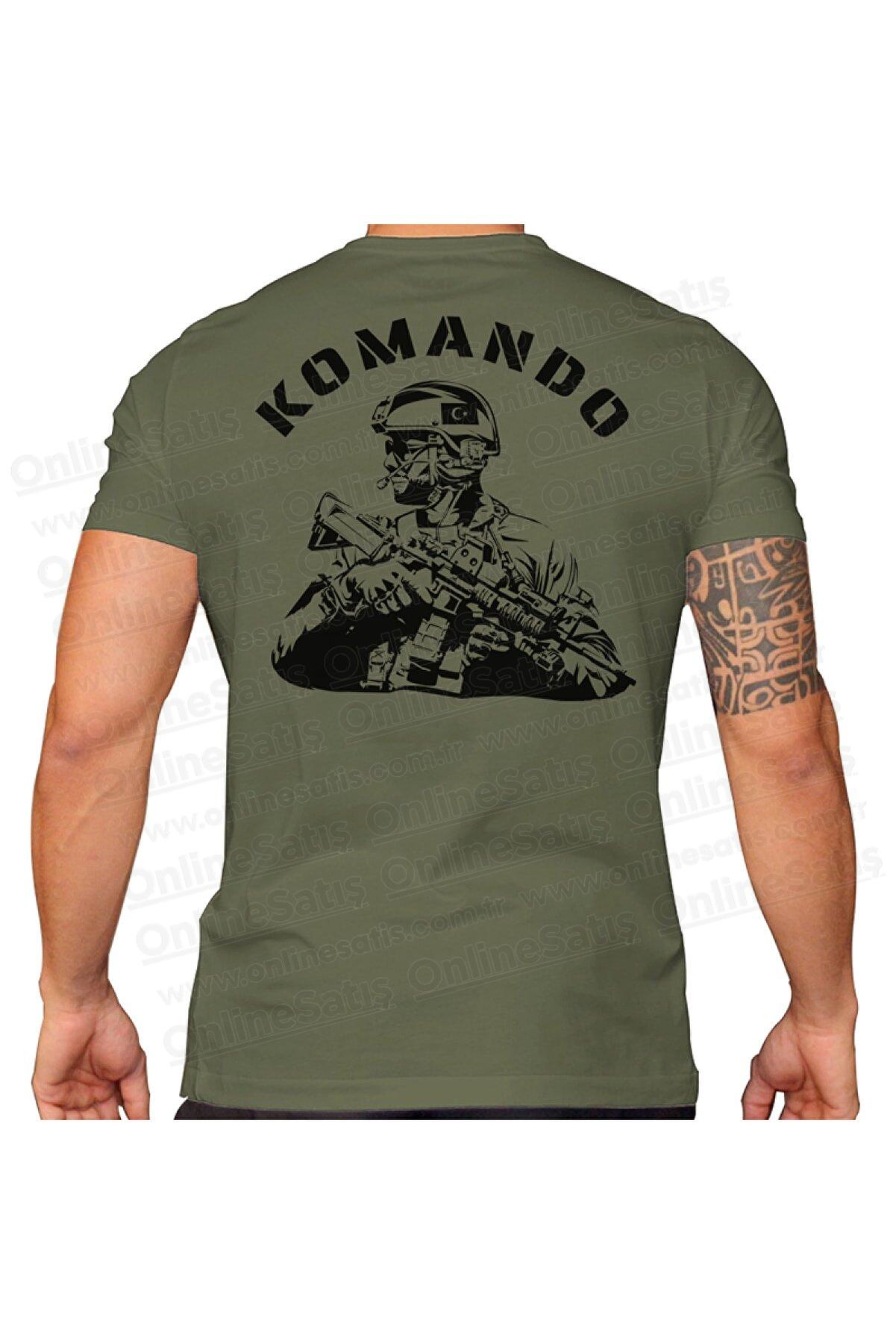 Komando Asker Baskılı Haki Renk Erkek Tişört