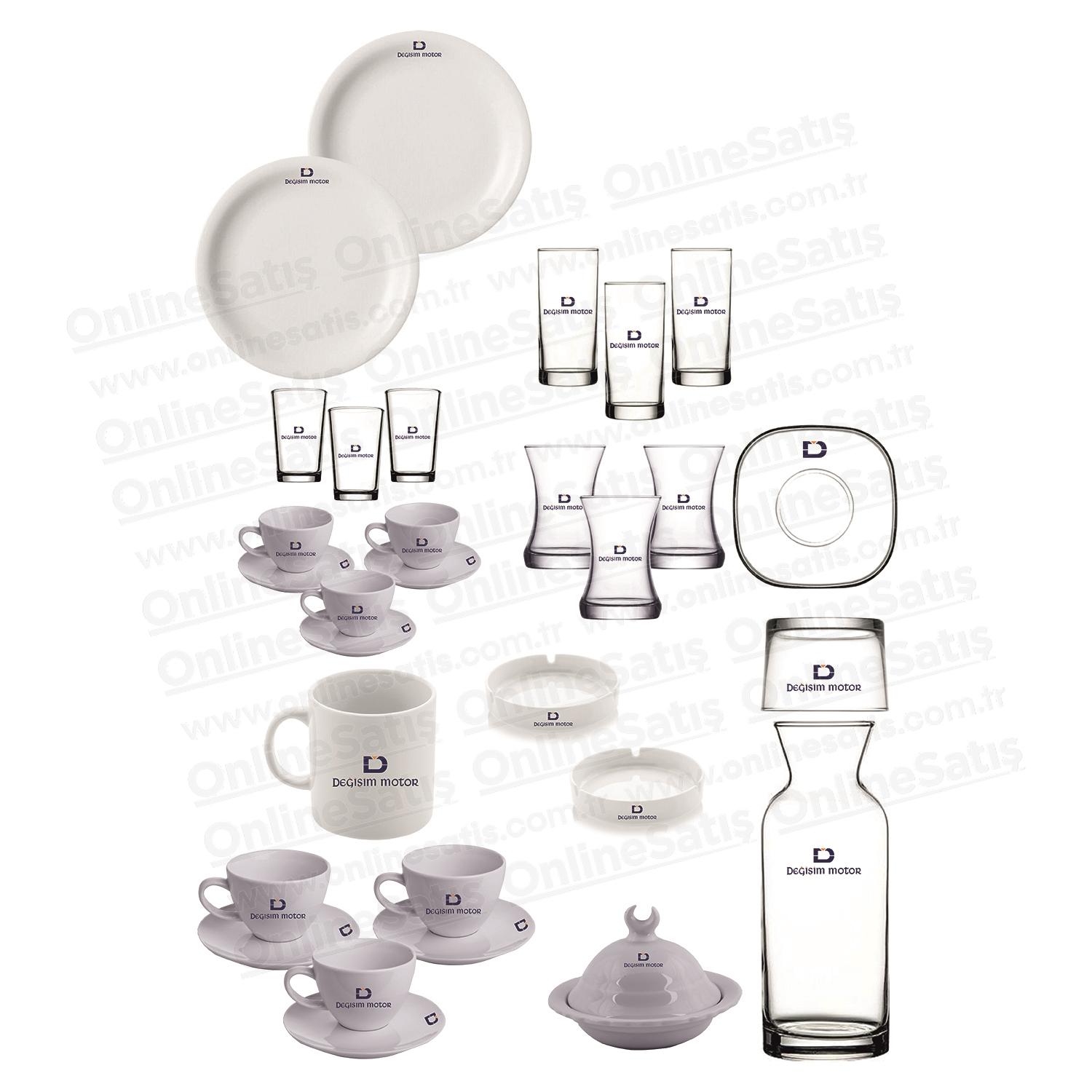 Logo Baskılı 144 Parça Cam - Porselen Ofis İkram Seti