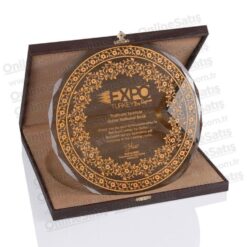 Deri Kutulu Yaldız Baskılı Cam Tabak Plaket
