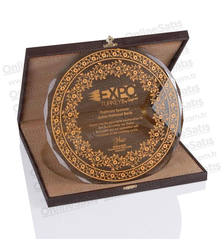 Deri Kutulu Yaldız Baskılı Cam Tabak Plaket