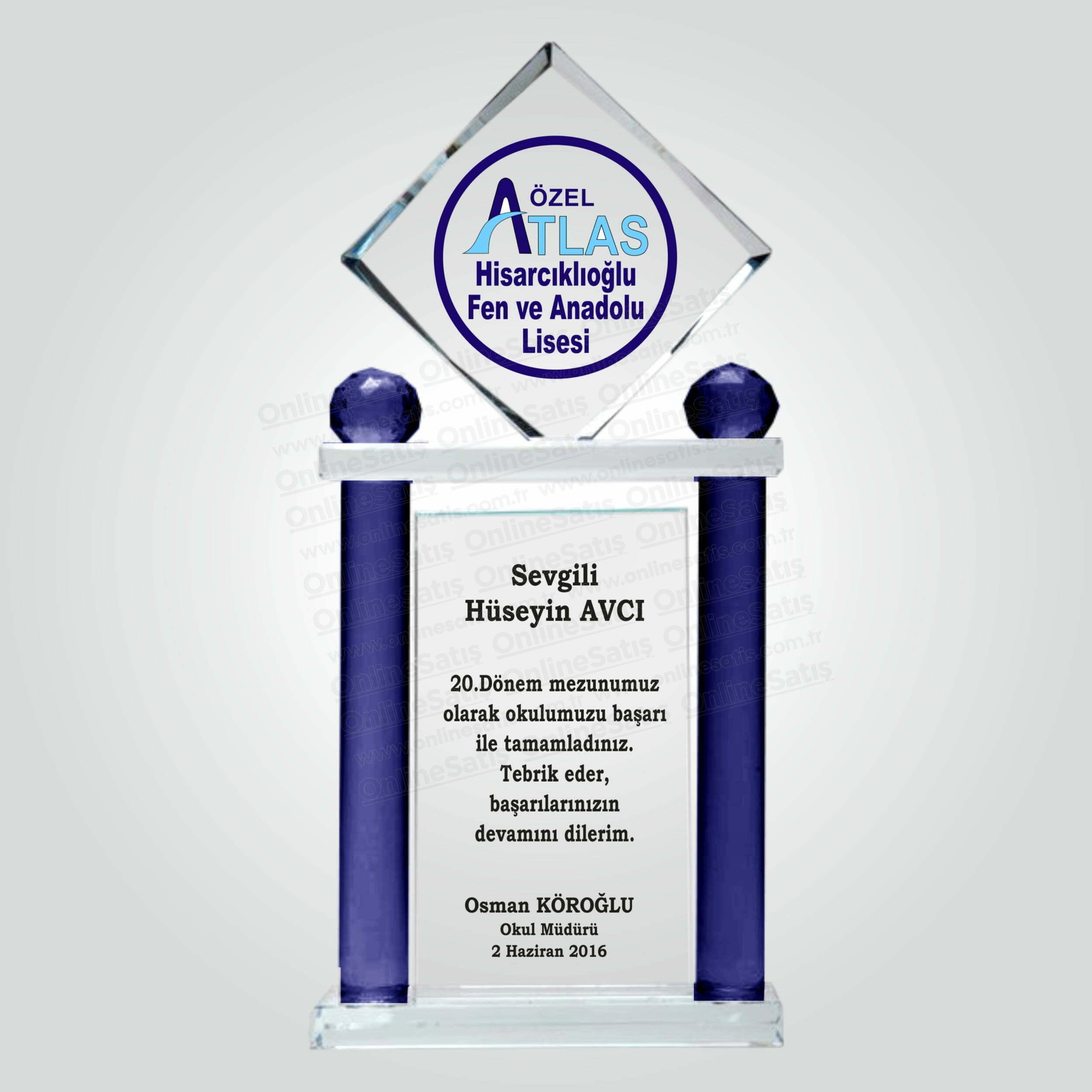 Özel Sütun Kristal Cam Mezuniyet Plaketi