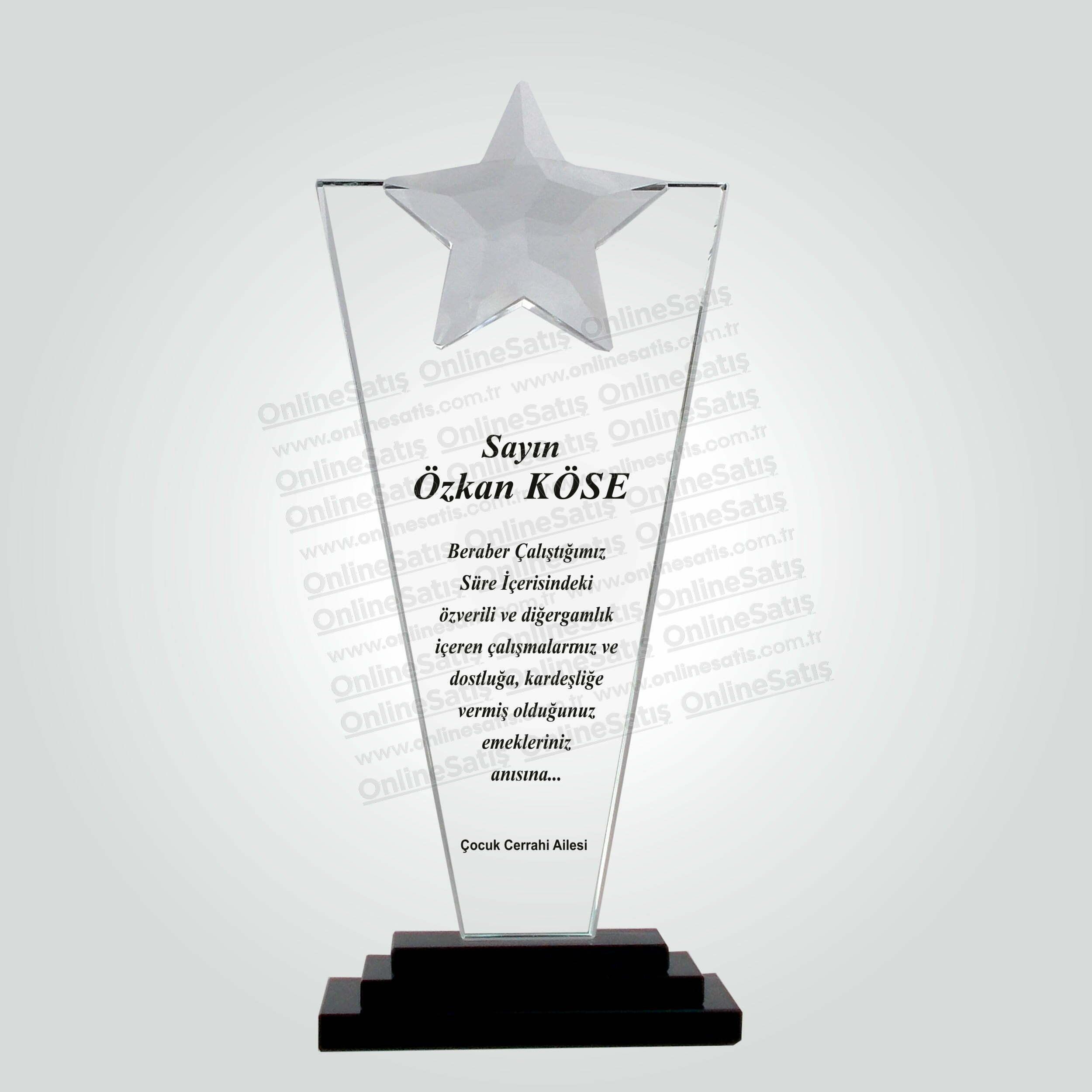 Yıldızlı Özel Cam Başarı ve Özveri Anısına Kristal Plaket