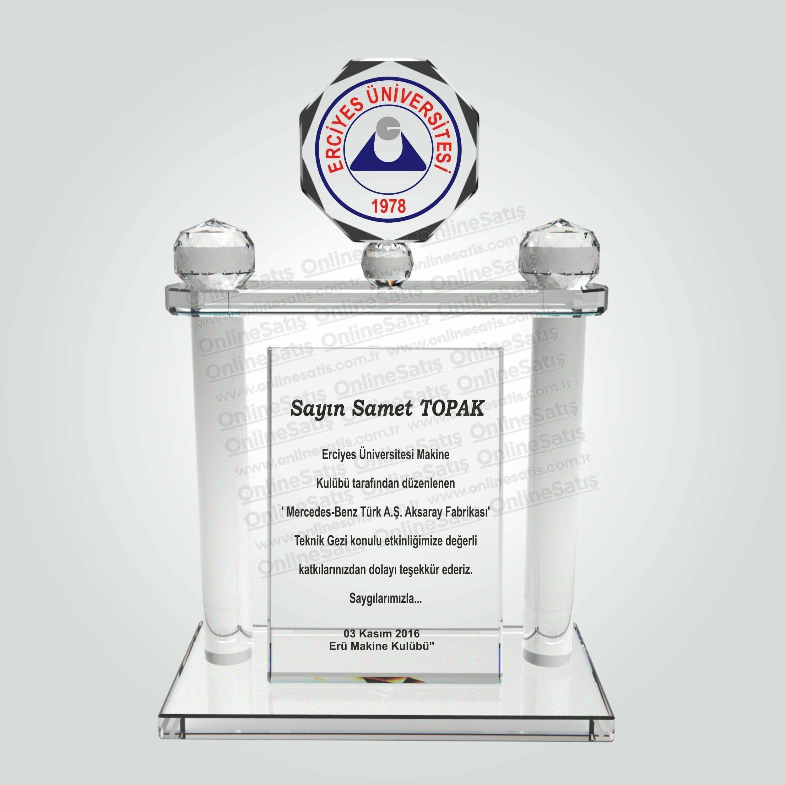 Özel Kristal Cam Katılım ve Katkı Teşekkür Plaketi