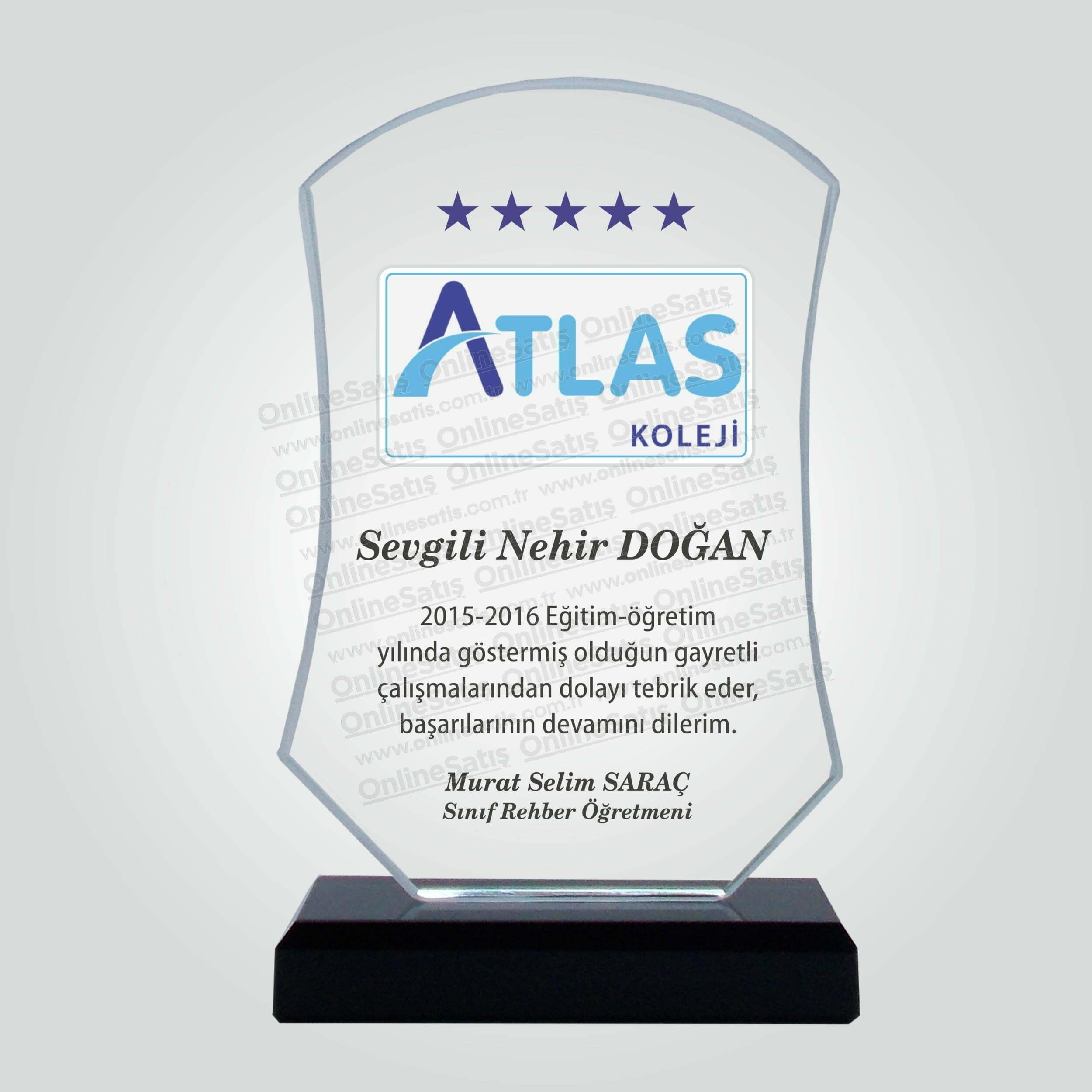 Kristal Cam Özel Okul Kolej Eğitimi Yılı Başarı ve Tebrik Plaketi