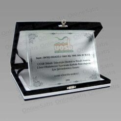 Kadife Lacivert Kutulu Yatay Kristal Katkı Plaketi