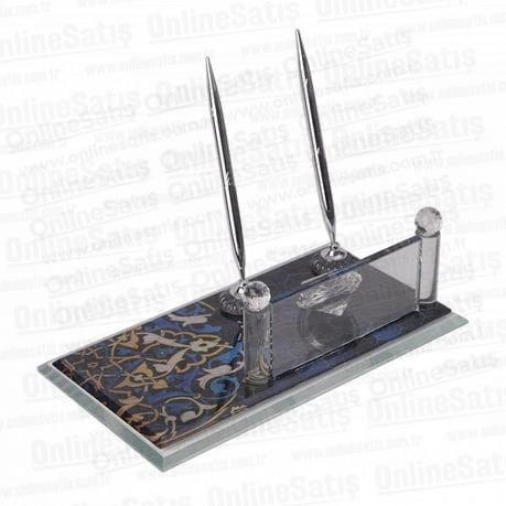 Kristal Masa İsimliği - Mavi Desenli Cam