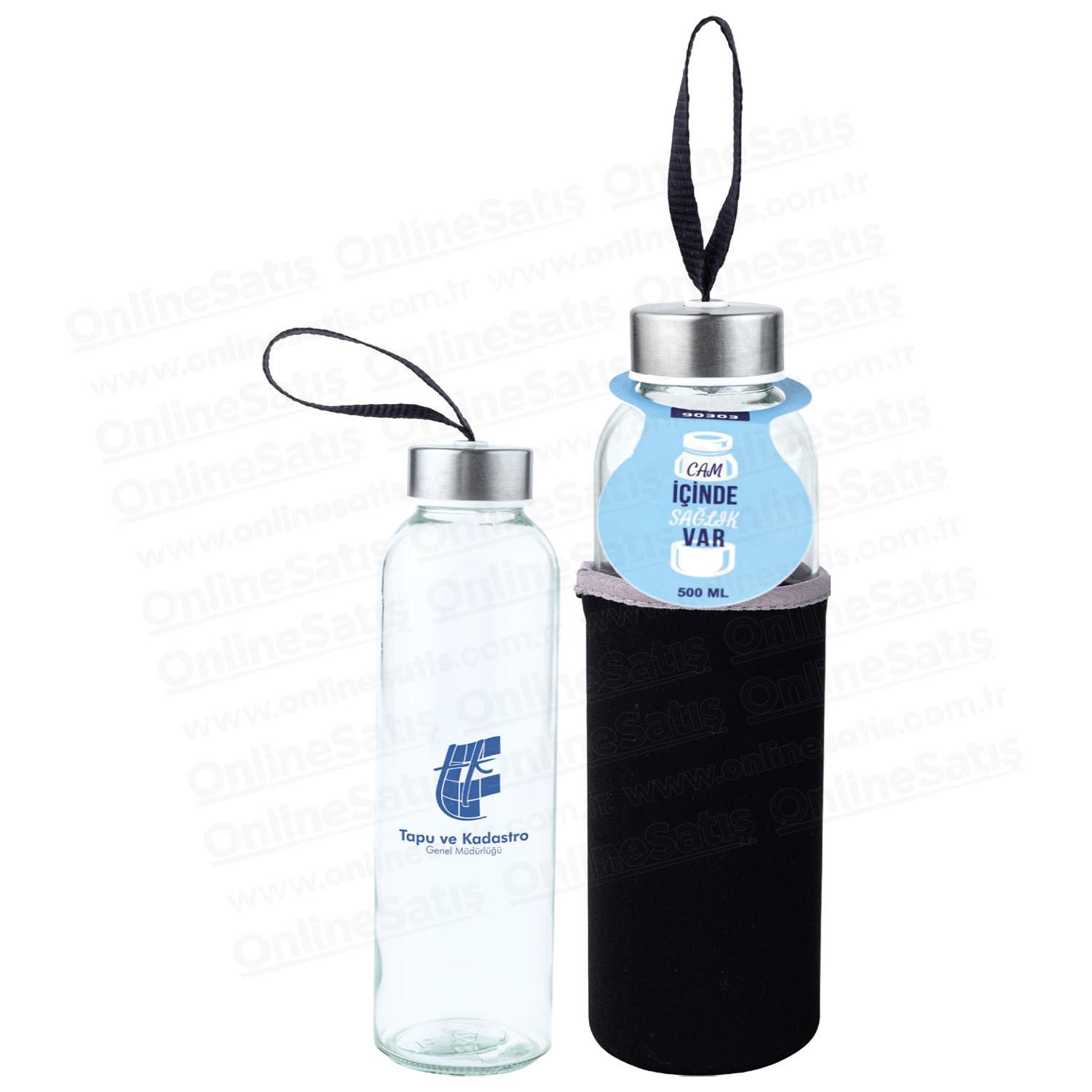 Logo Baskılı Kılıflı Cam Matara 500 Ml