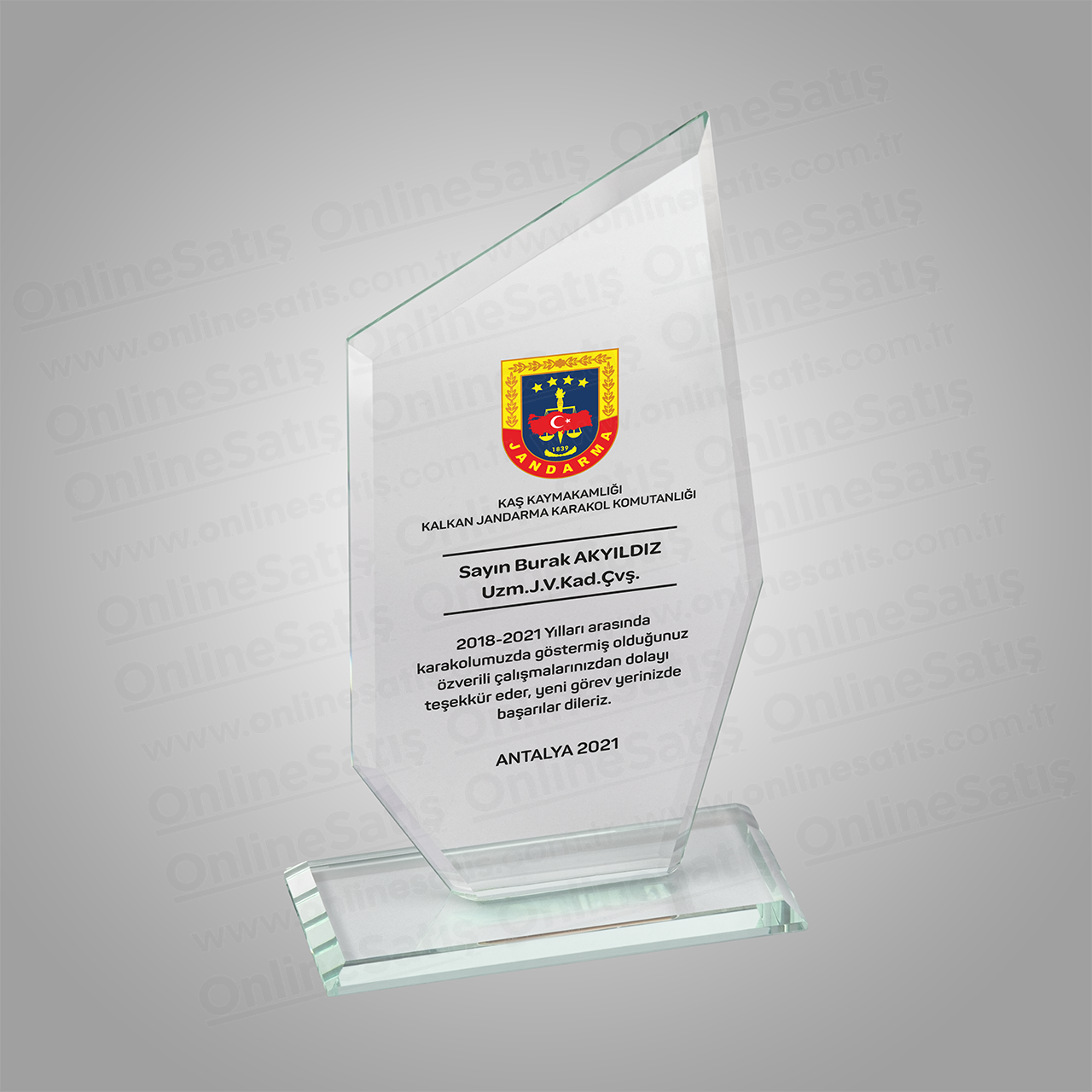 Classic Shop 60 Jandarma Hizmet Anısı Şeffaf Kristal Plaket