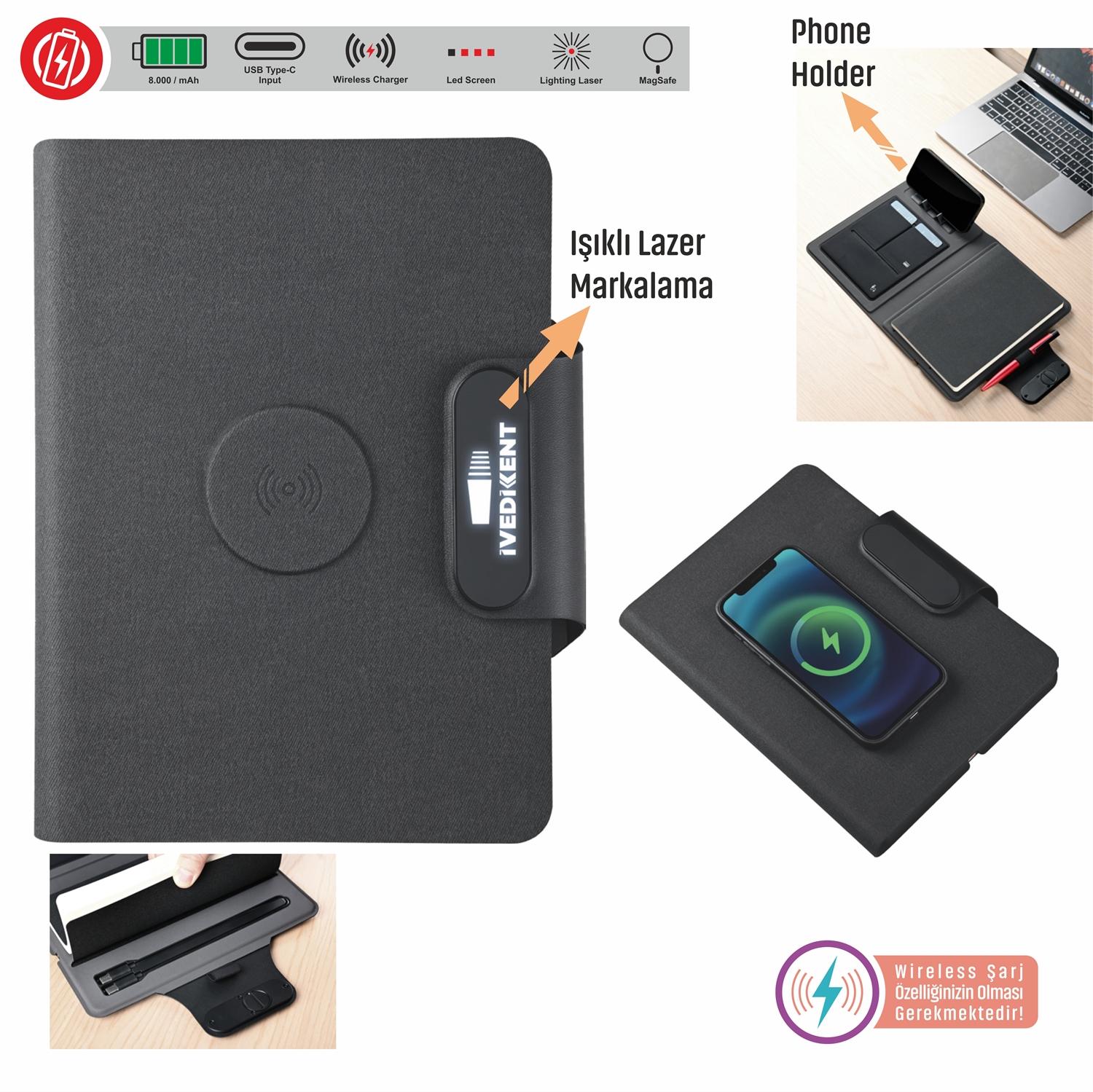 8.000 mAh powerbanklı organizer ajanda, wireless şarj çıkışı, LED şarj göstergesi, suni deri dış kapak, iş organizasyonu için zeki not defteri, kurumsal hediyelik eşya, promosyon fırsatları