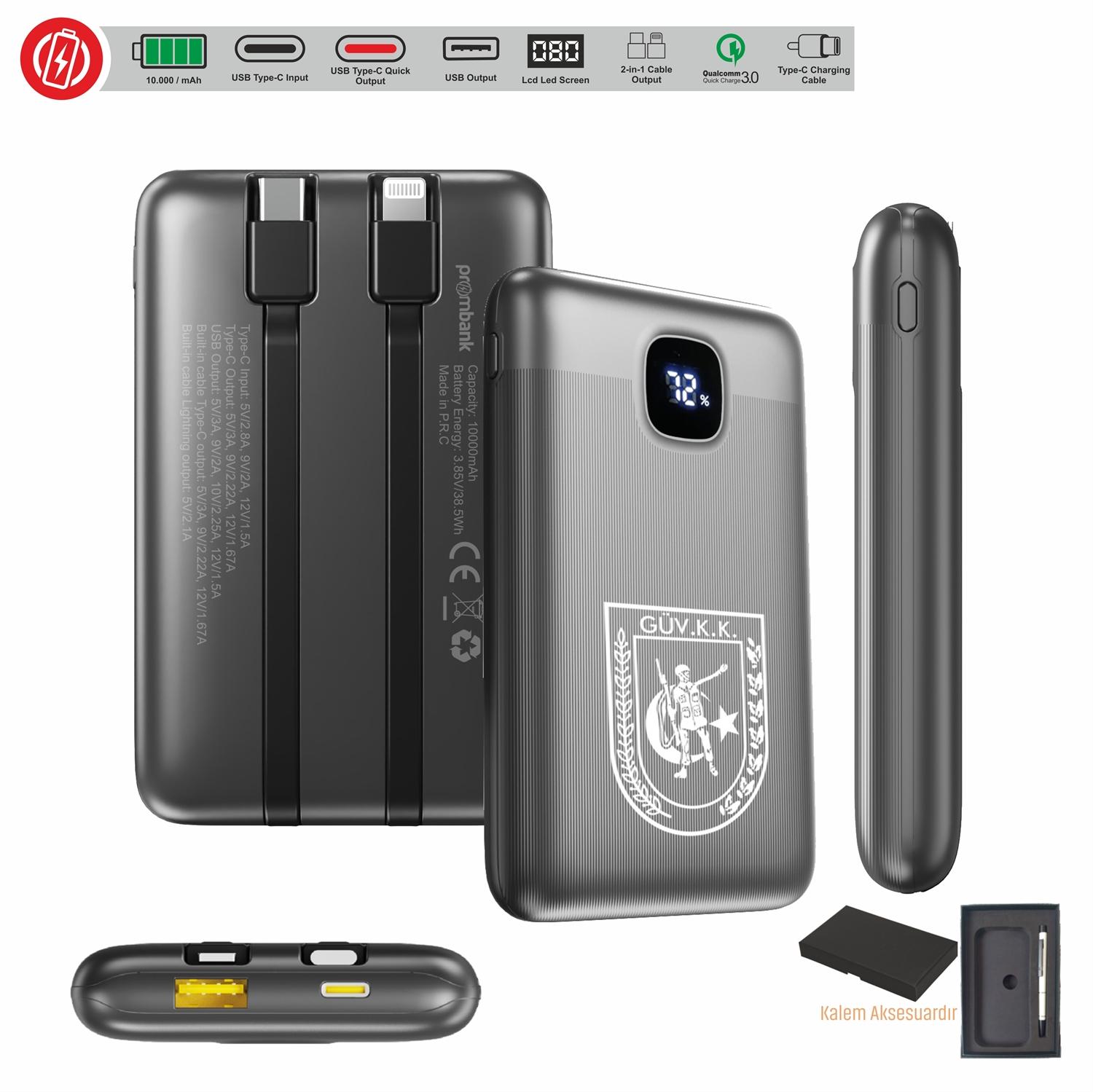 10000 mAh plastik kasa powerbank, hızlı şarj teknolojisi, dayanıklı ve güvenli tasarım, micro usb ve c-type giriş, lcd yüzdeli led gösterge