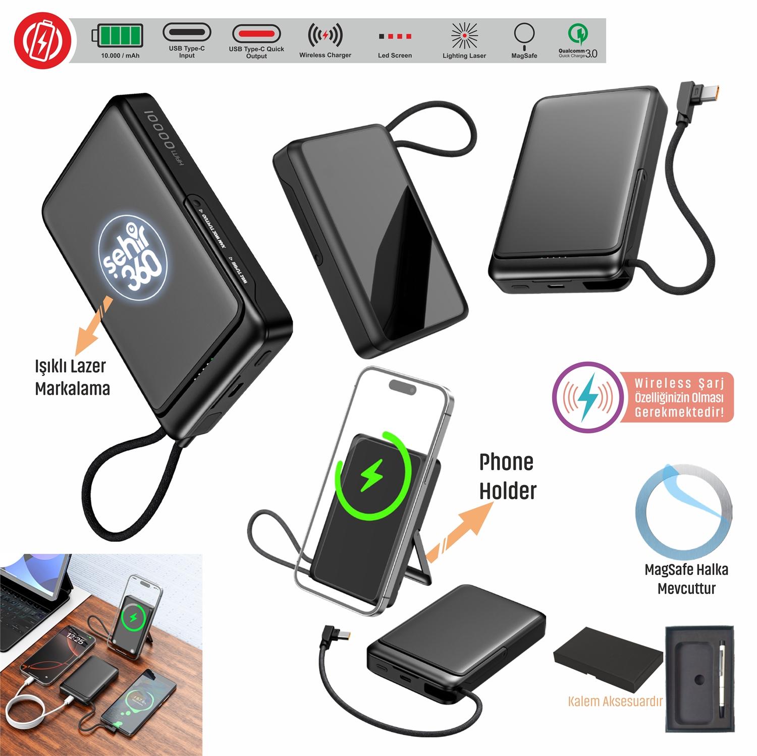 10000 mAh plastik kasa powerbank, lazer kazıma ve VIP kutu tasarımı, Type-C giriş ve çıkışlı hızlı şarj powerbank, wireless şarj özelliği, dayanıklı ve taşınabilir powerbank