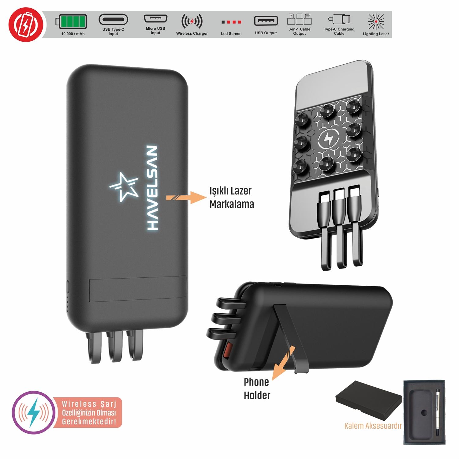 10.000 mAh kauçuk kasa powerbank, vakumlu dayanıklı tasarım, kablosuz şarj özelliği, telefon standı ve lazer kazıması ile pratik kullanım, premium şarj çözümü