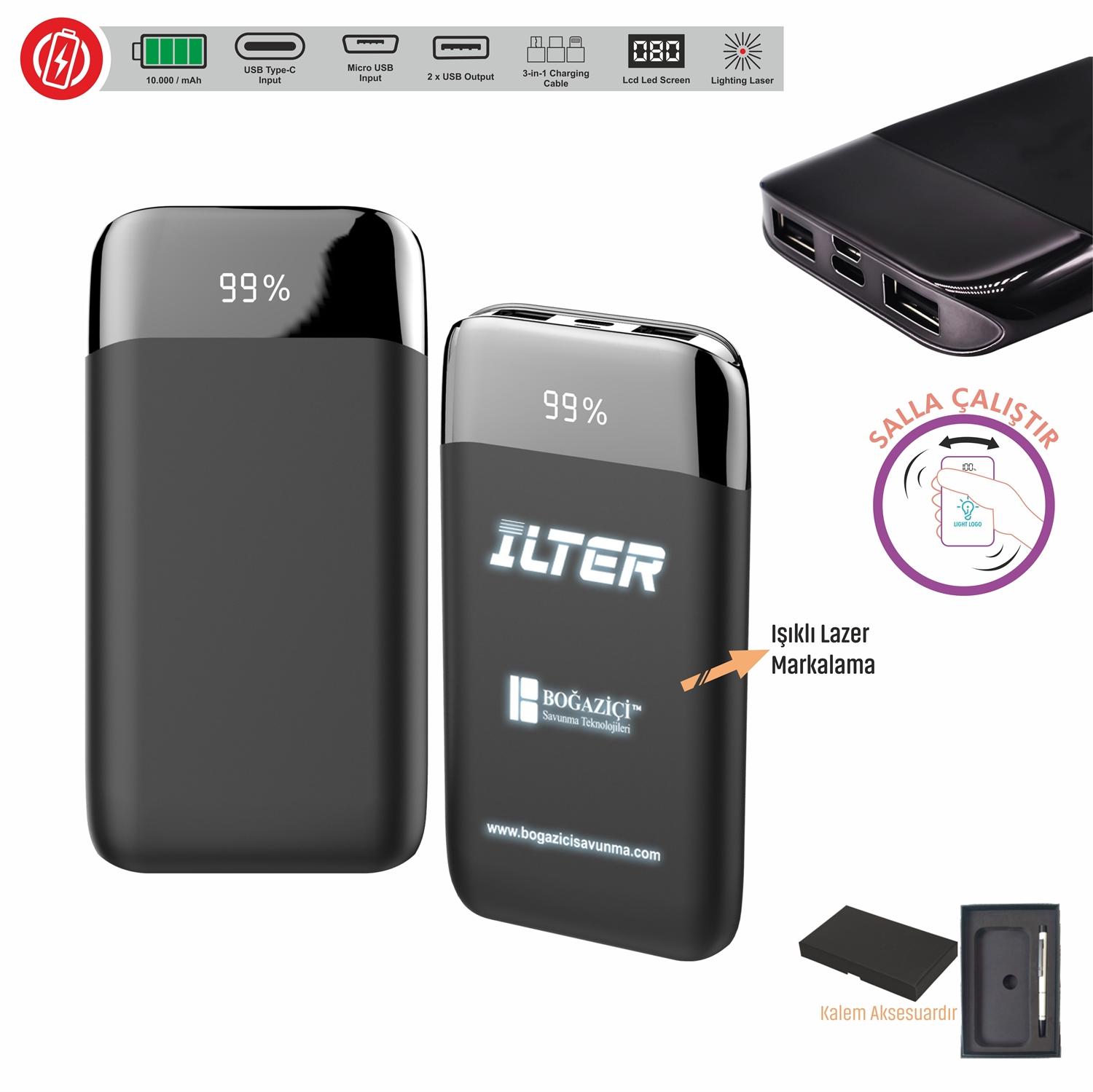 Shake Işık Kazıma Powerbank 10.000 mAh - Lazer ışığıyla şarj edin, 3'lü kablolu şarj seçenekleri, LCD yüzdeli LED gösterge, plastik kasa tasarımı, mobil cihazlar için yüksek kapasiteli şarj cihazı