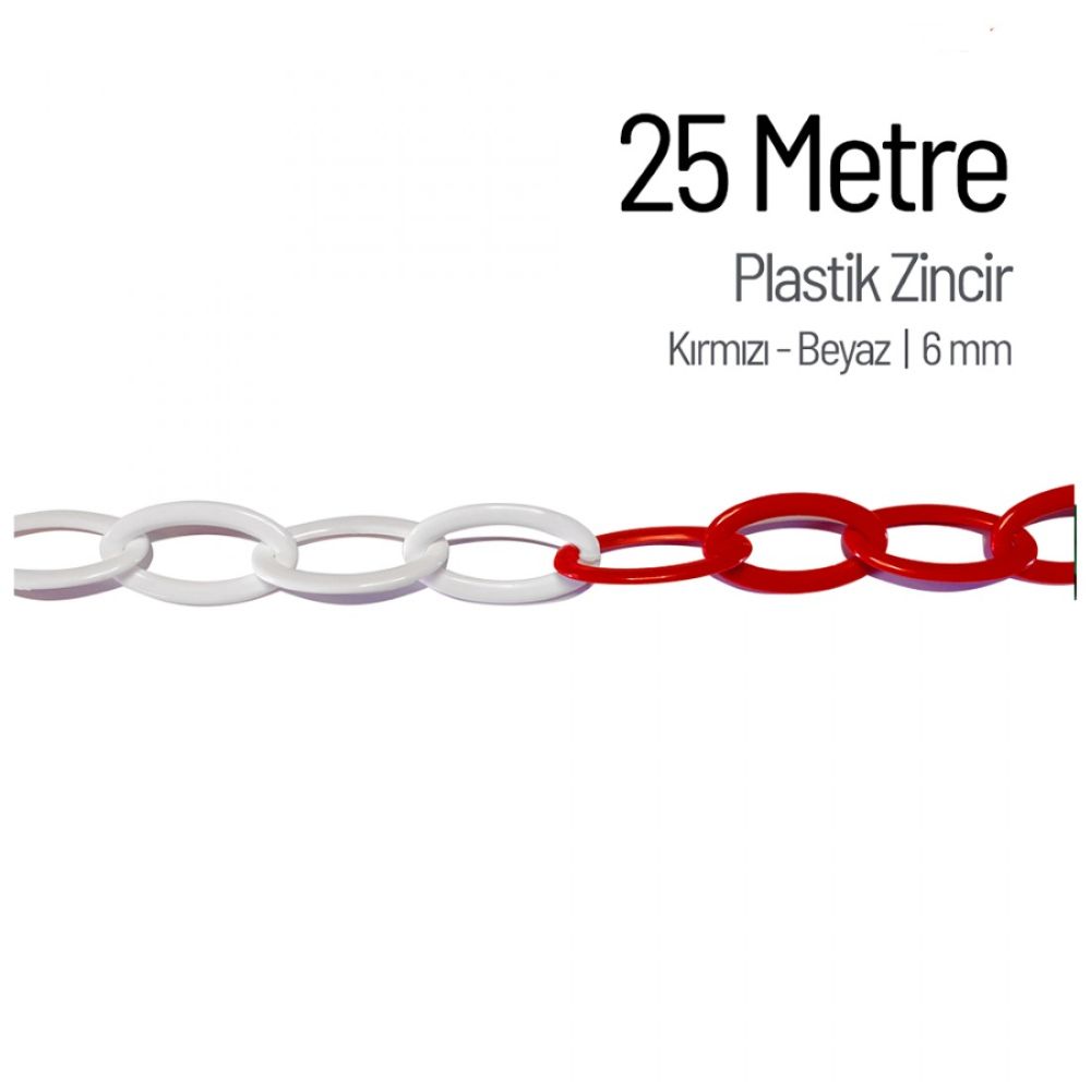 25 Metre Kırmızı Beyaz Plastik Zincir 6mm