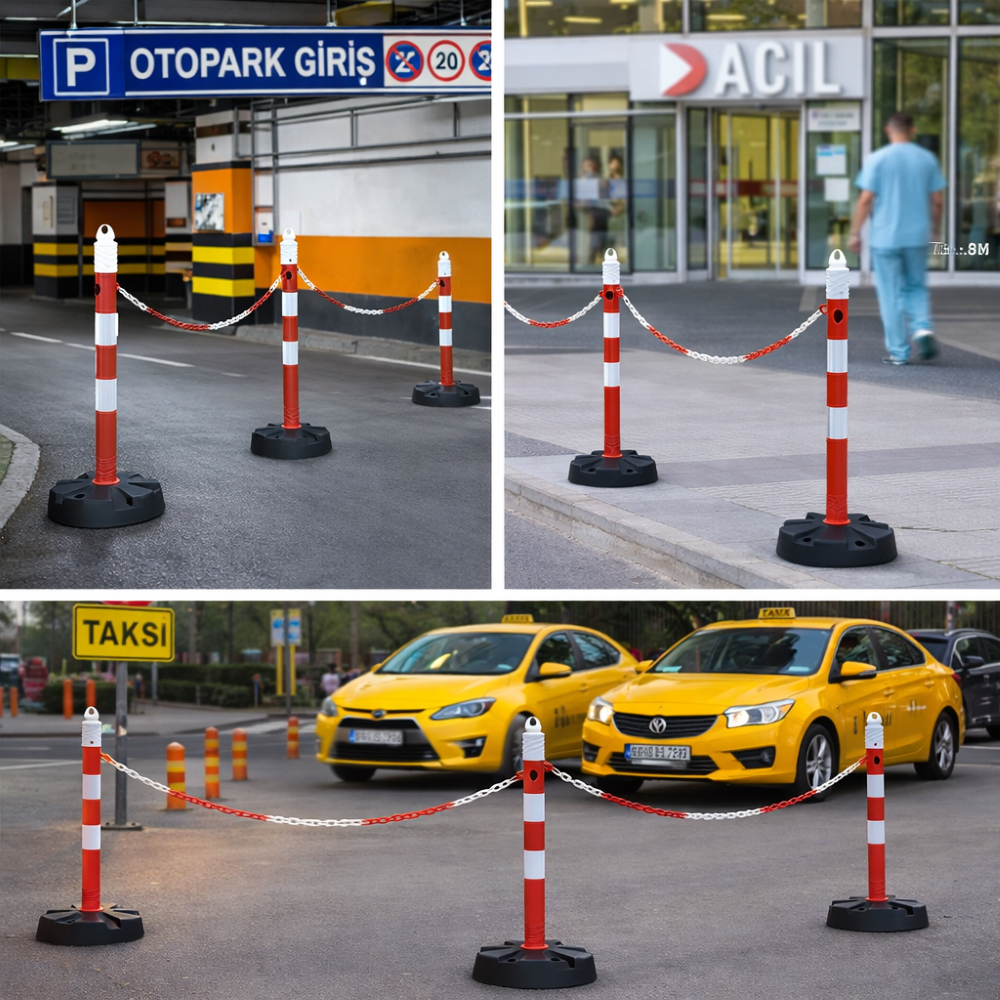 Çift Reflektifli Uyarı Dikmesi – 63cm Çap 7 25 Metre Kırmızı Beyaz Plastik Zincir 6mm