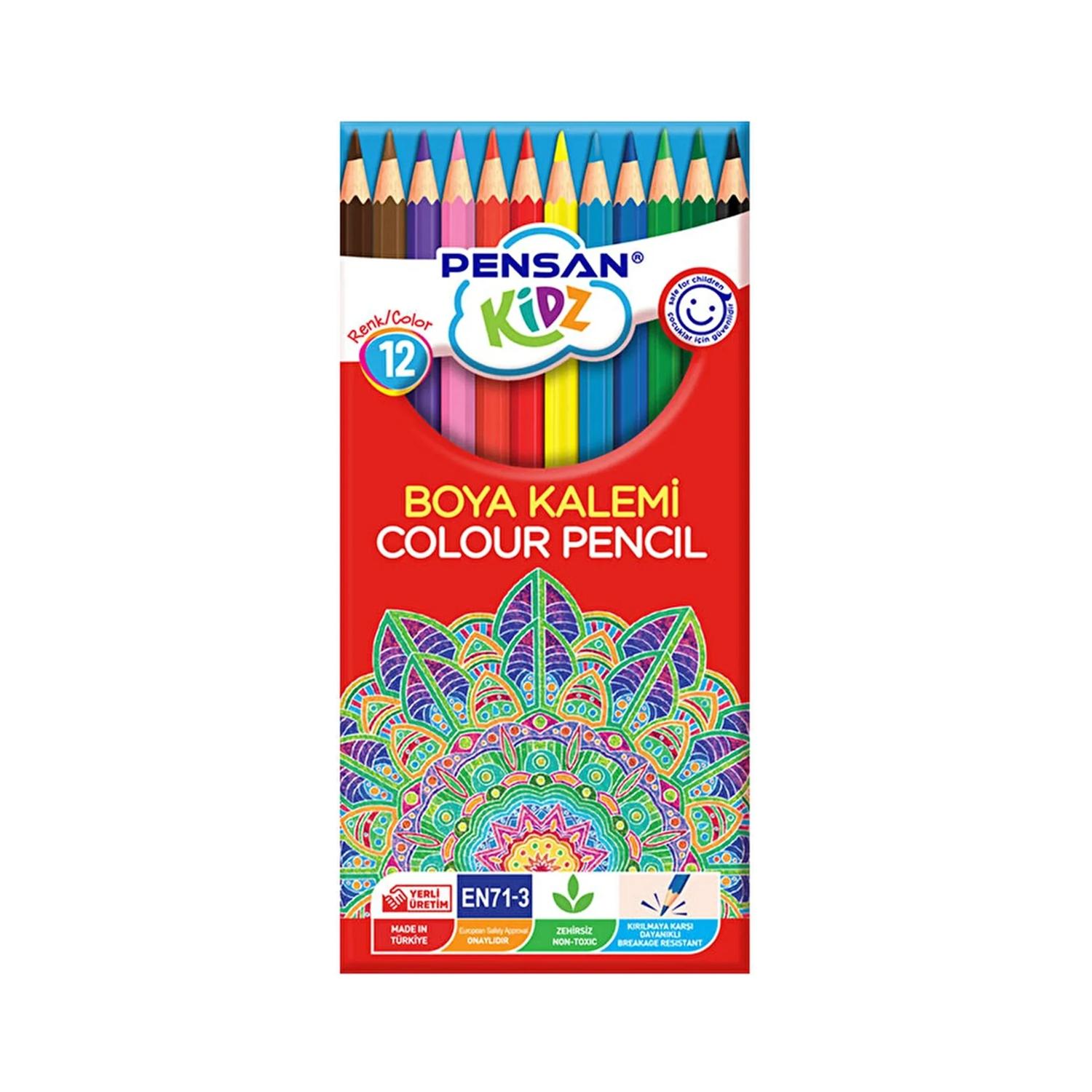 Pensan Kidz 12 renkli tam boy köşeli pastel boya kalemi seti kutusu ve kalemler